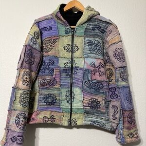 Multicolor Patchwork Hippie Women's Cotton Zip Up w Fleece Lining/ Hood Jacket